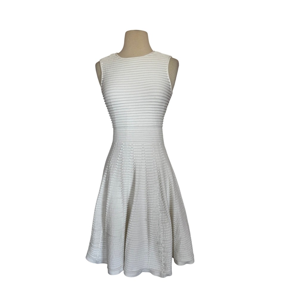 Ted Baker White Textured Knit Fit and Flare Dress Rose Gold Zipper Sleeveless S
